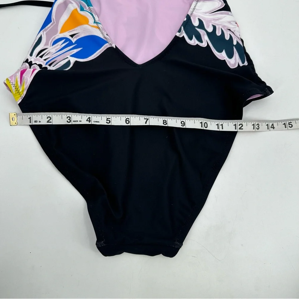 Trina Turk Swimsuit Seychelles Print Black No Size Tag Halter 1 Pc Low Back READ